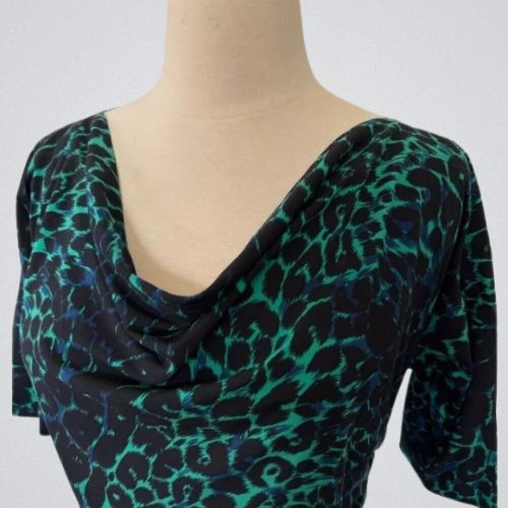 BCBGMaxazria Asymmetrical jersey Dress Ruched Leopard Print Green Medium - Picture 4 of 7